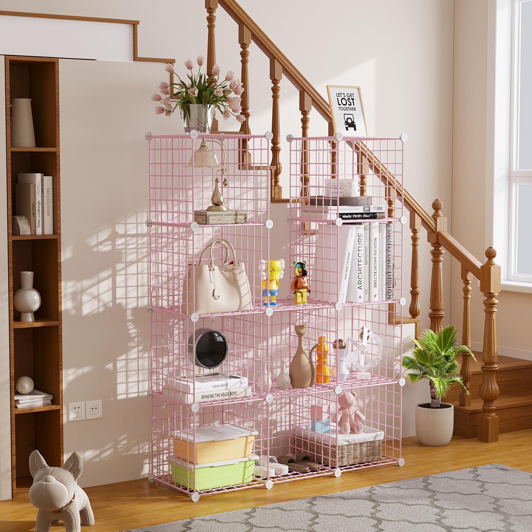 C&AHOME pink wire cube storage in a living room setup