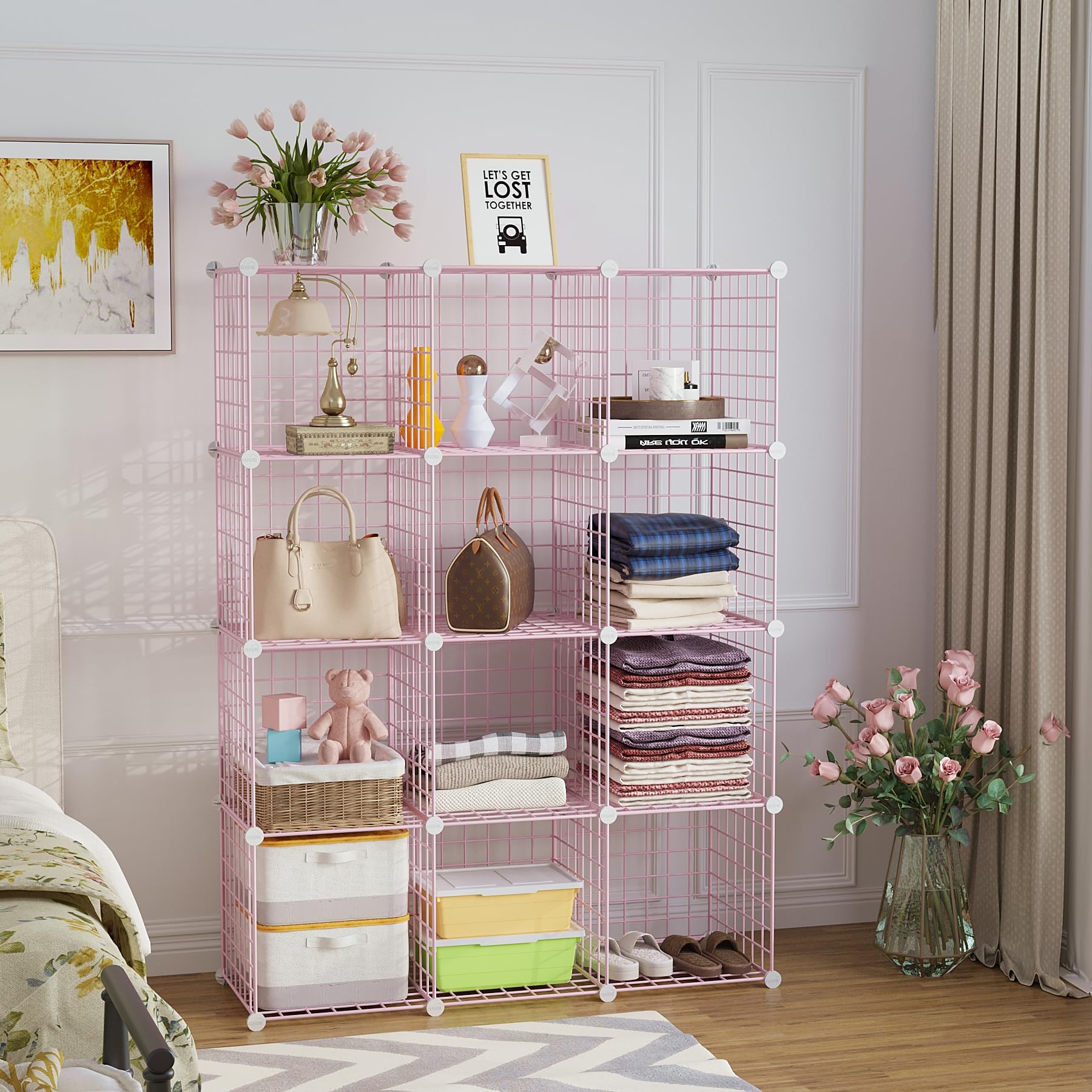 C&AHOME pink wire cube close-up of sturdy metal grid panels
