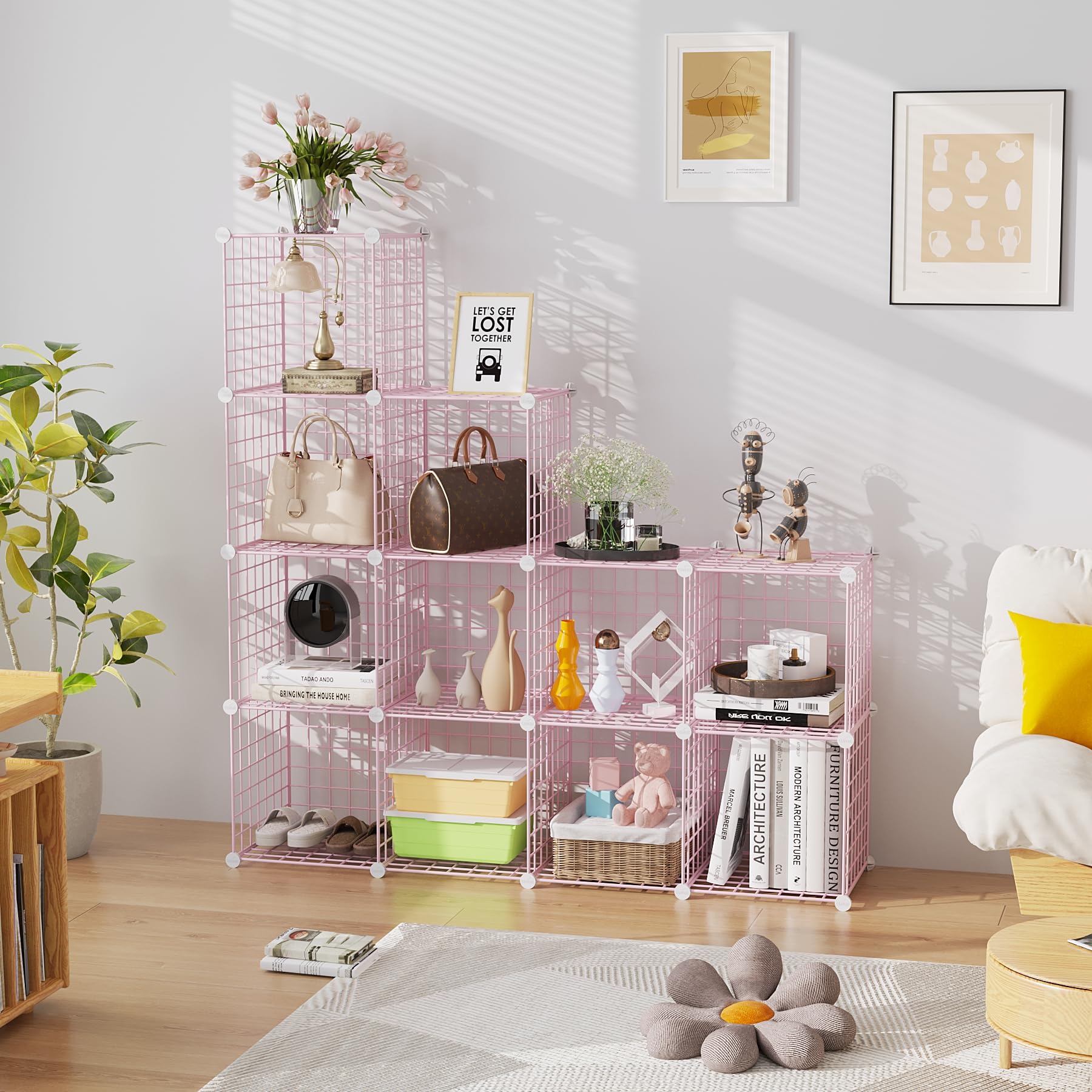 C&AHOME pink wire cube shelving with books and decor