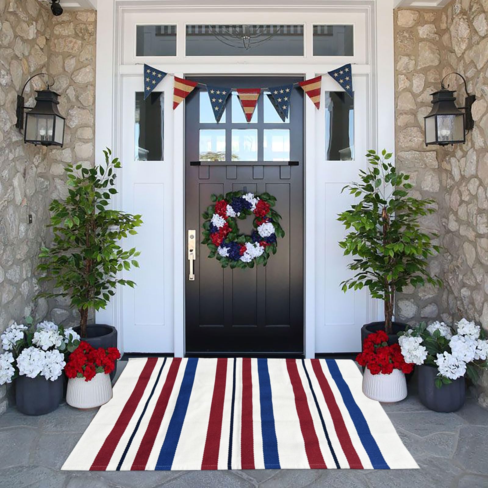 CAINANEL blue-white-red striped door mat welcoming Independence Day visitors