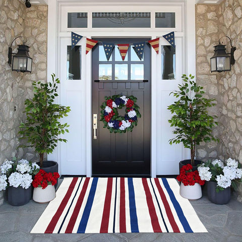 CAINANEL blue-white-red striped door mat welcoming Independence Day visitors
