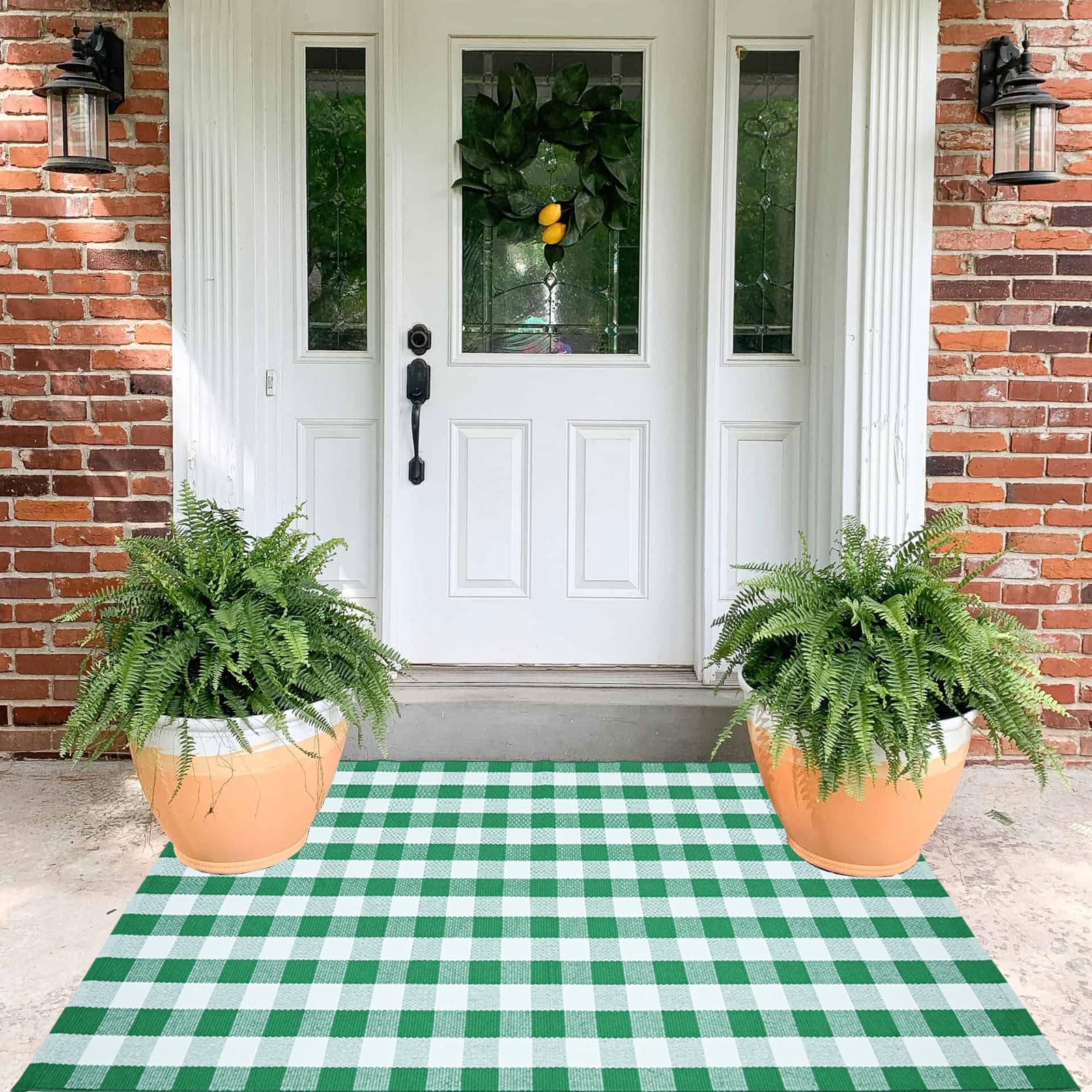 CAINANEL Buffalo Plaid Outdoor Rug complements decks and patios with seasonal decor.