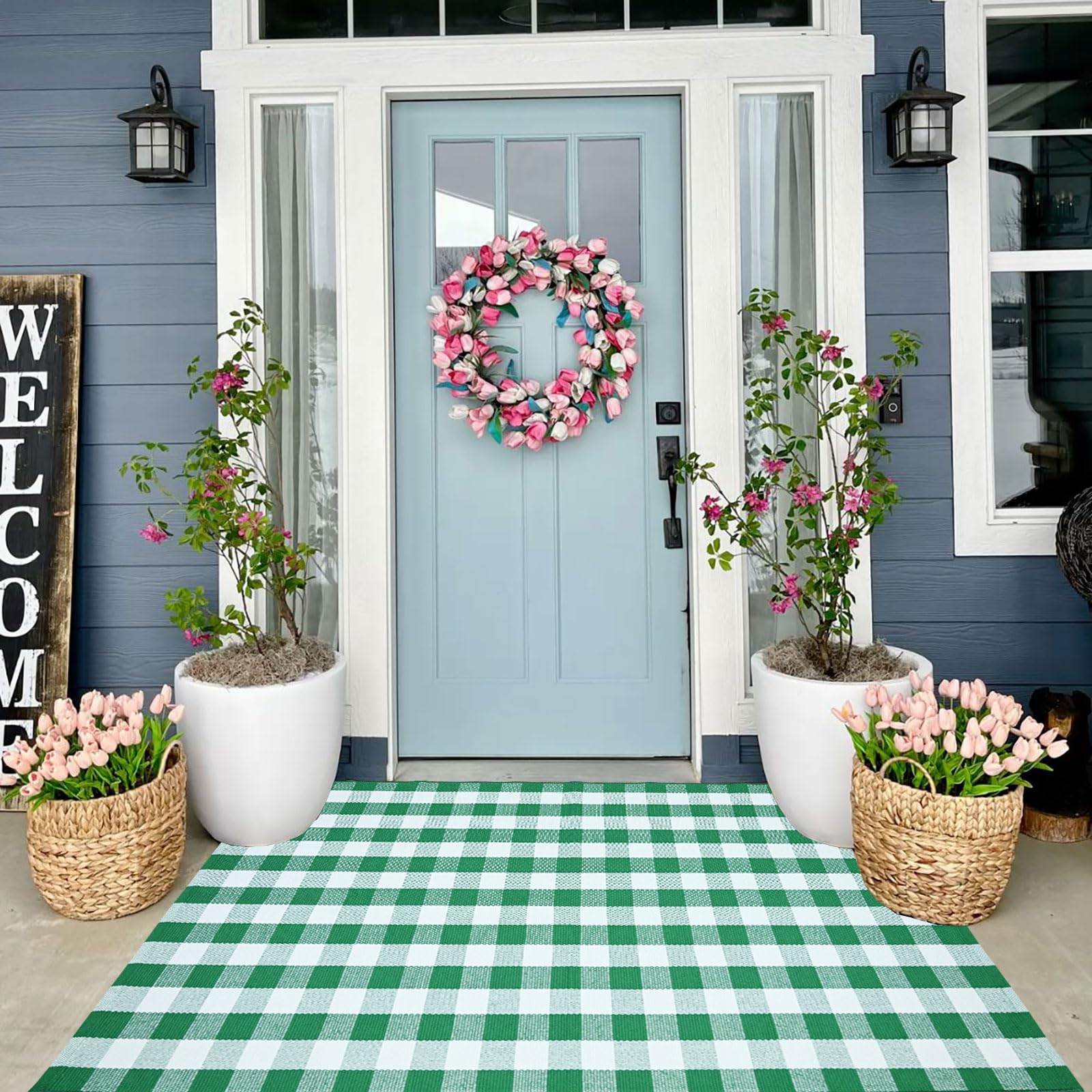 CAINANEL Buffalo Plaid Outdoor Rug close-up showing durable cotton weave for daily outdoor use.