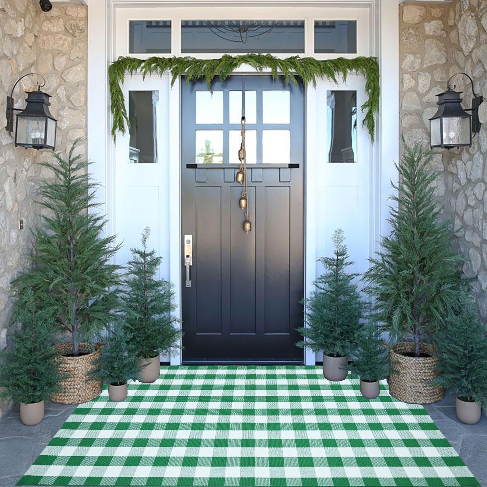CAINANEL Buffalo Plaid Outdoor Rug green-white entryway enhances welcoming curb appeal.