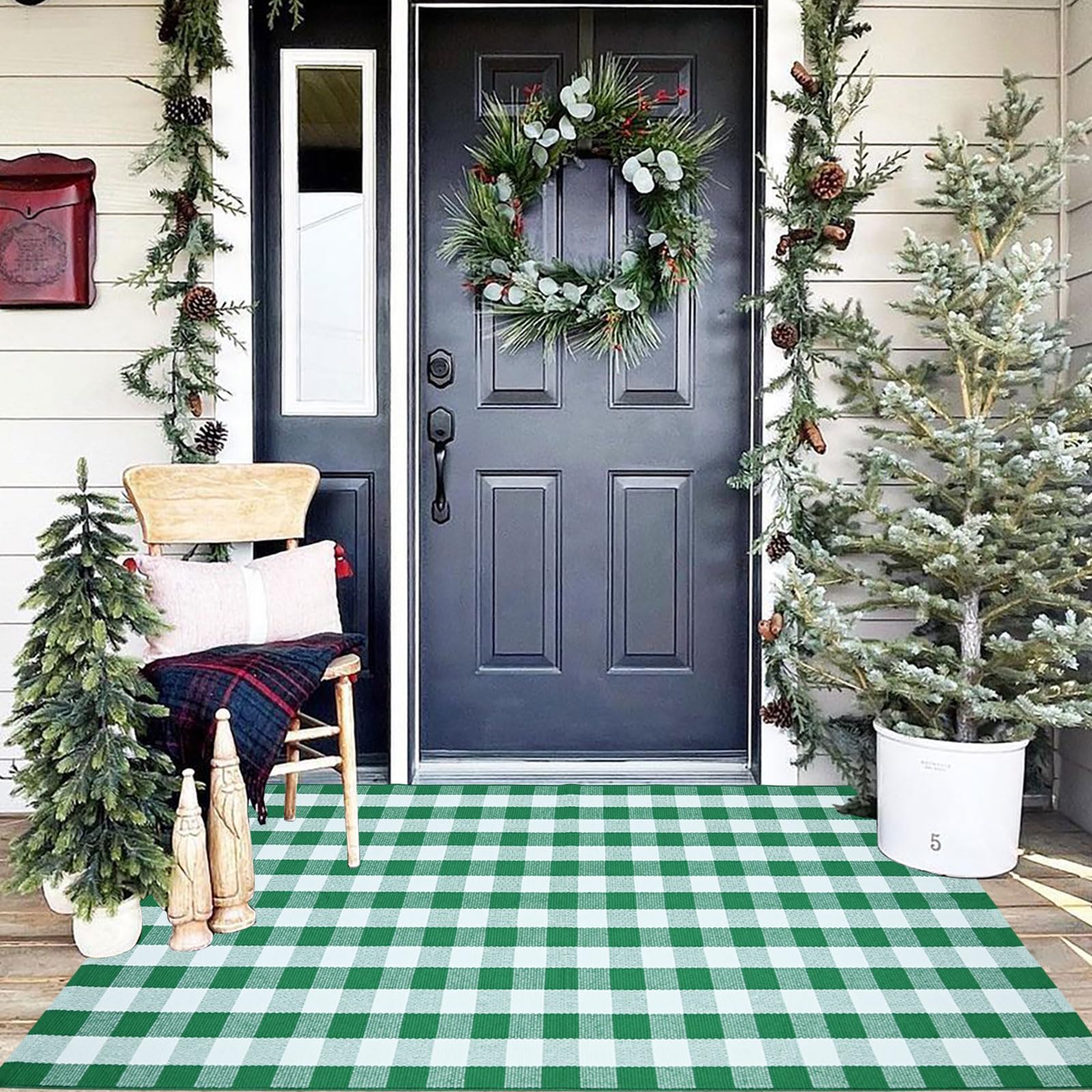 CAINANEL Buffalo Plaid Outdoor Rug suited for Easter celebrations and spring days.