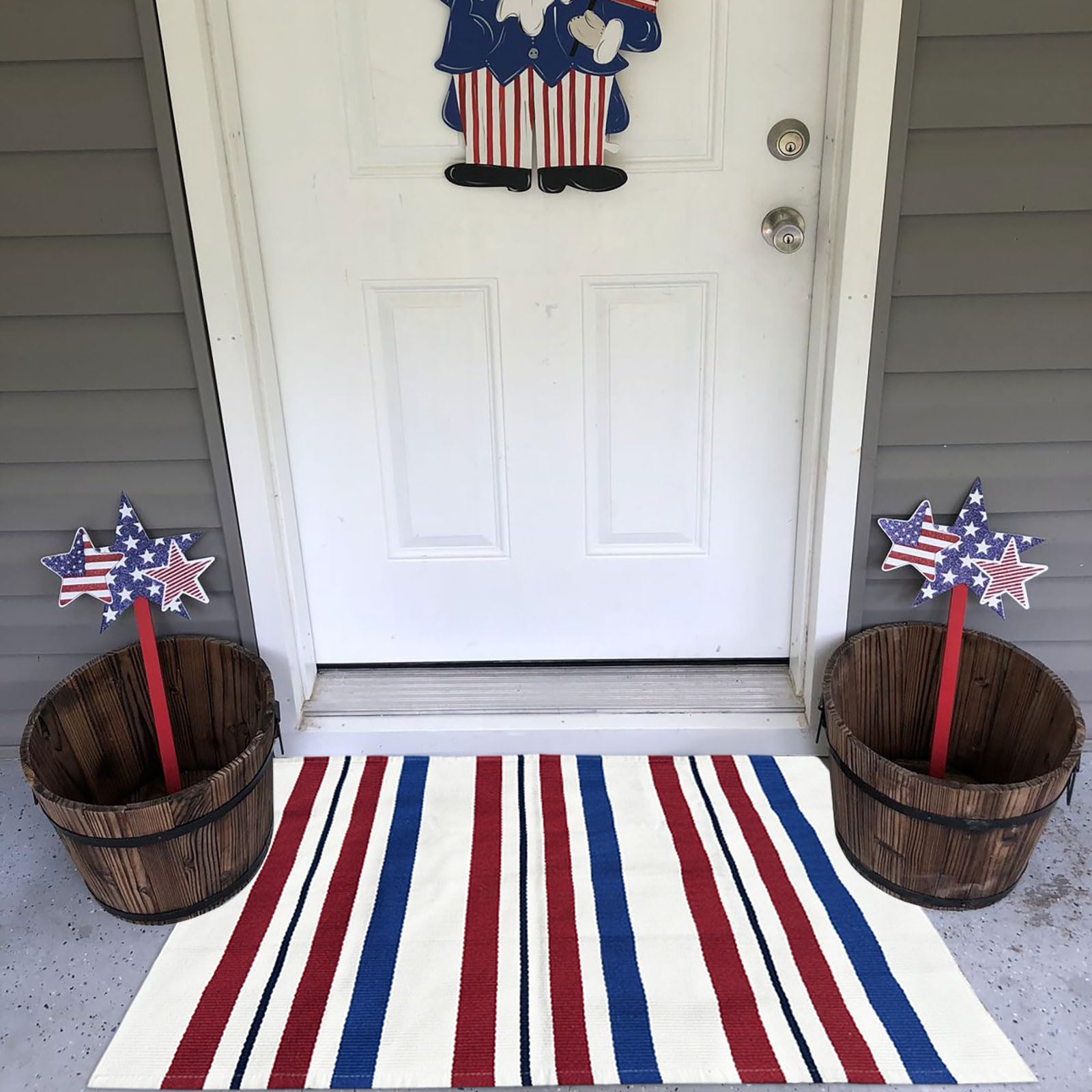 CAINANEL red white blue stripe rug for a bold doorway statement
