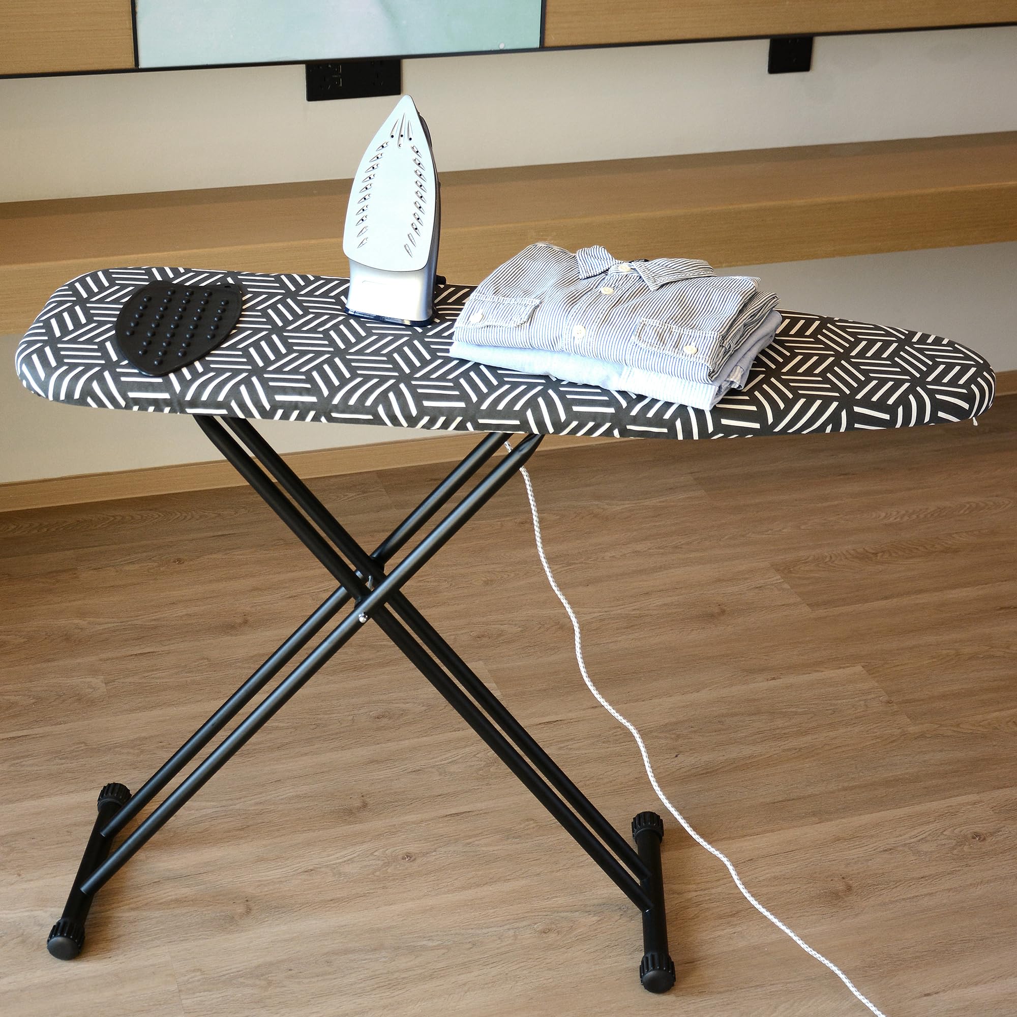 Caius ironing board unfolded 43x13 inches offers ample room.