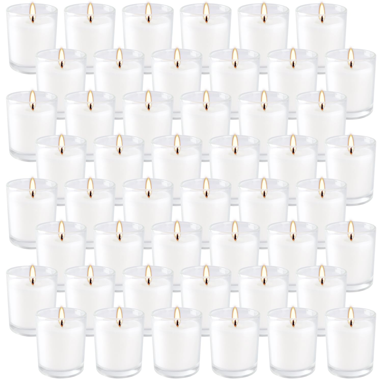 CAKETYCG 48-pack warm white candles in glass cups for elegant wedding or event decor.