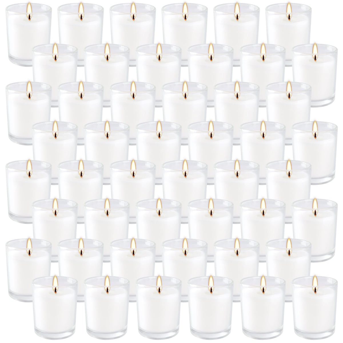 CAKETYCG 48-pack warm white candles in glass cups for elegant wedding or event decor.