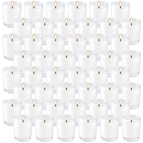 CAKETYCG 48-pack warm white candles in glass cups for elegant wedding or event decor.