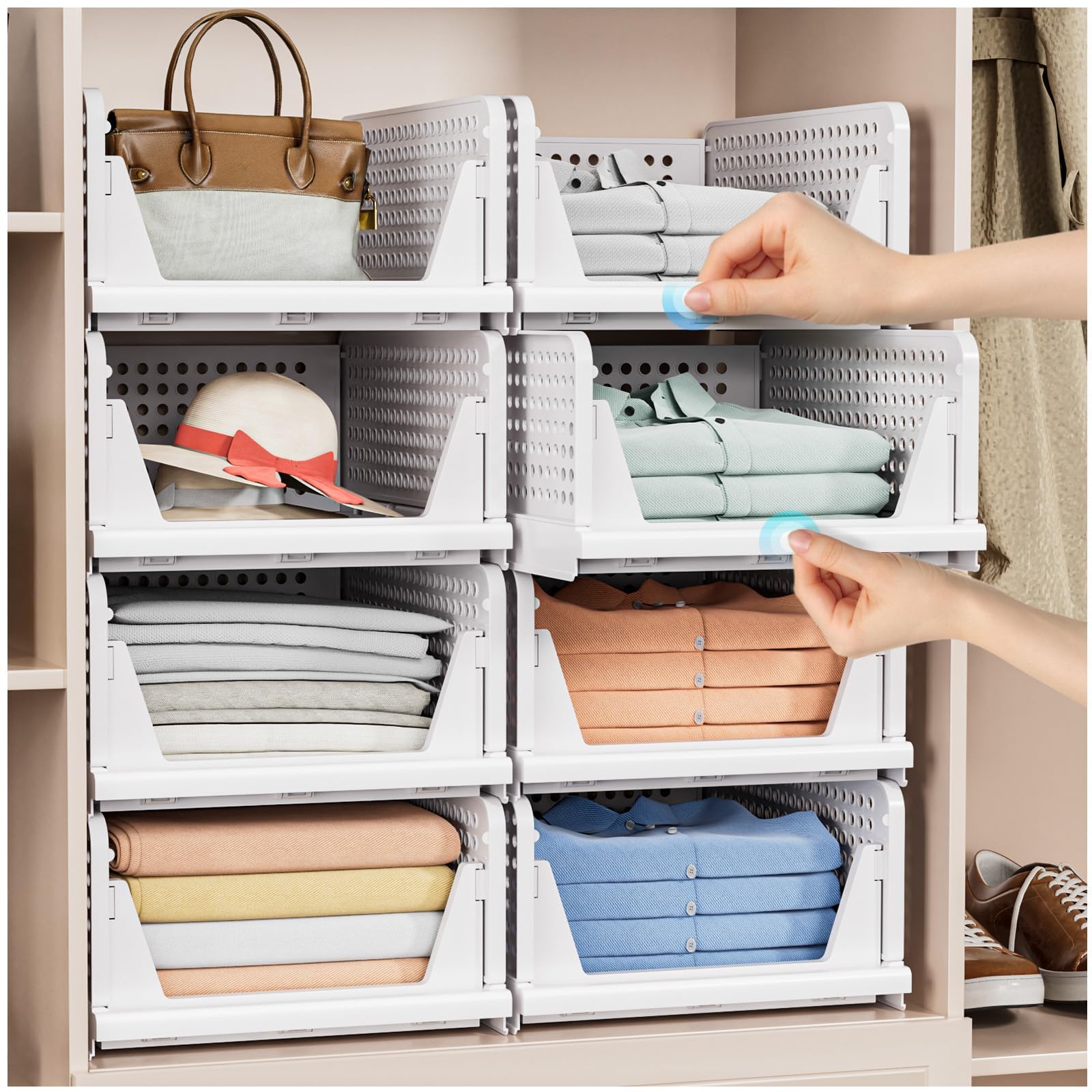 caktraie closet storage bins with slide rails for easy access.