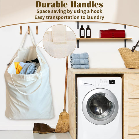 CALACH canvas laundry bag open with drawstring showing secure closure.