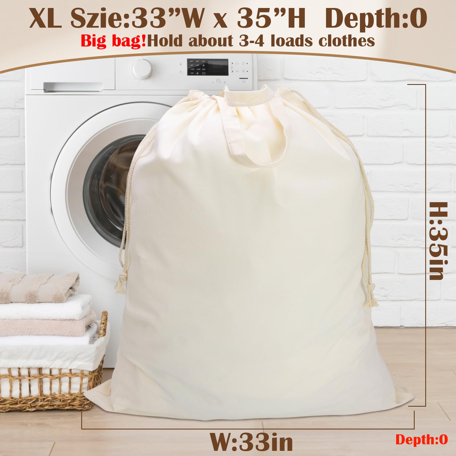 CALACH canvas laundry bag reinforced handles and drawstring for easy transport.