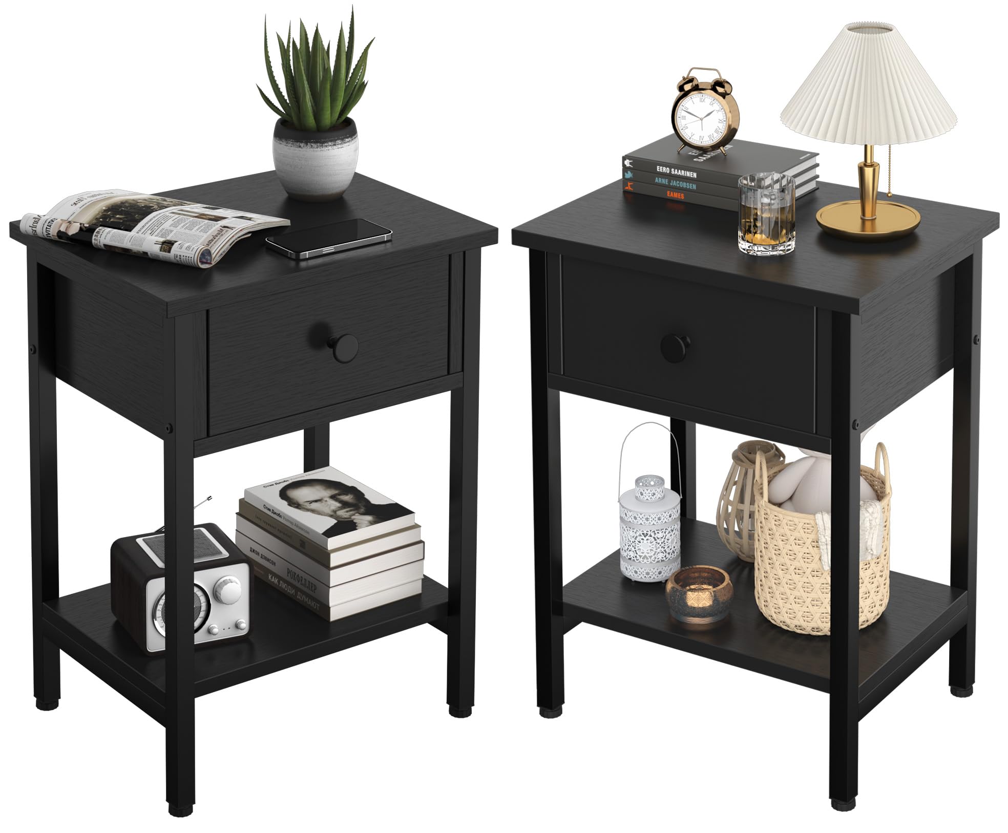CALERTAIN nightstands with closed drawers for tidy bedside storage.