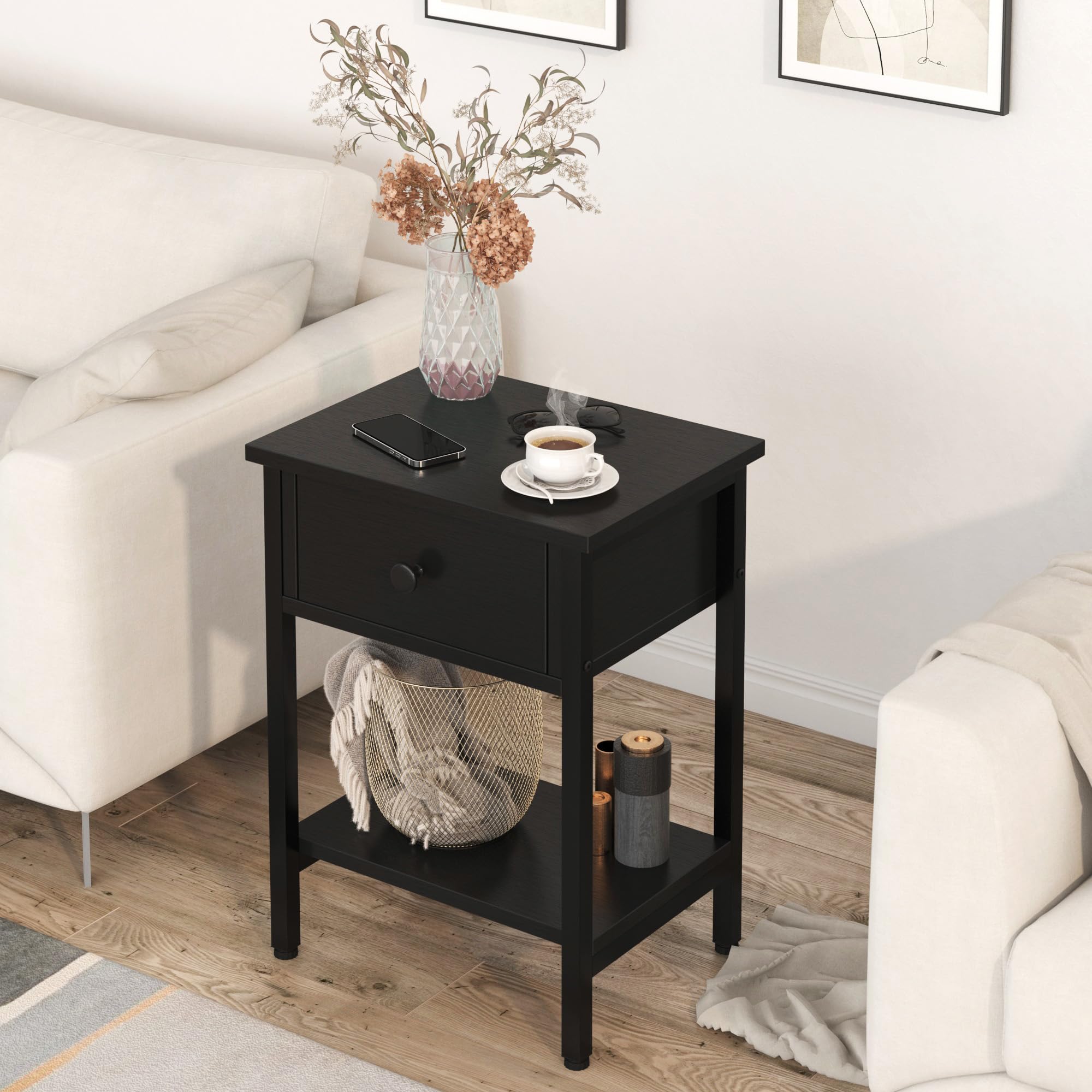 CALERTAIN nightstands two-pack in a compact bedroom setup.