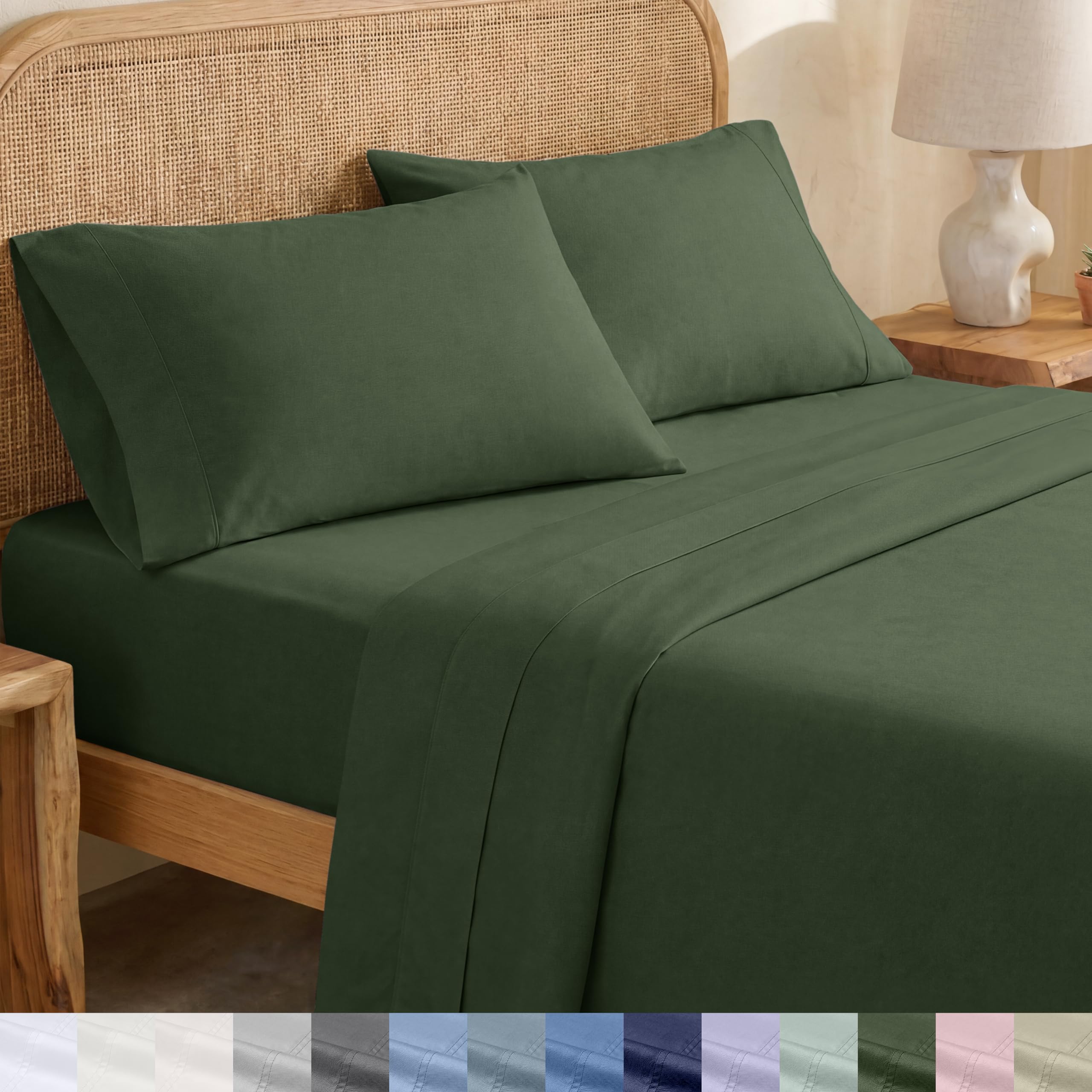 California Design Den olive green percale sheets provide breathable crisp comfort.