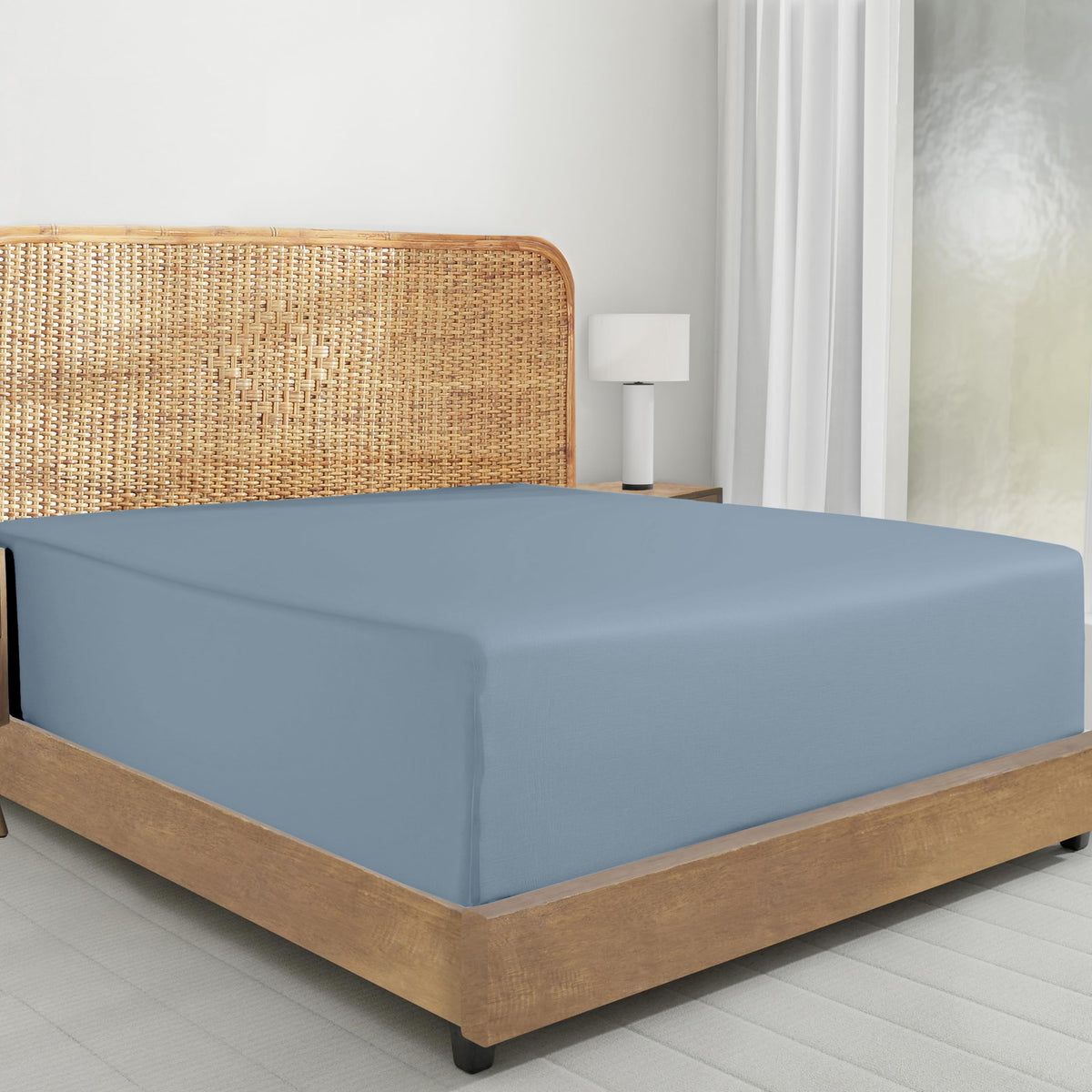 California Design Den blue hydrangea deep-pocket fitted sheet showcases crisp percale feel