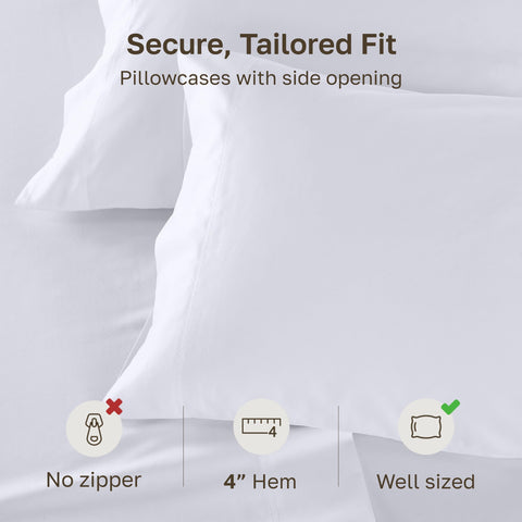 California Design Den bright white bed scene emphasizes hotel-quality presentation.