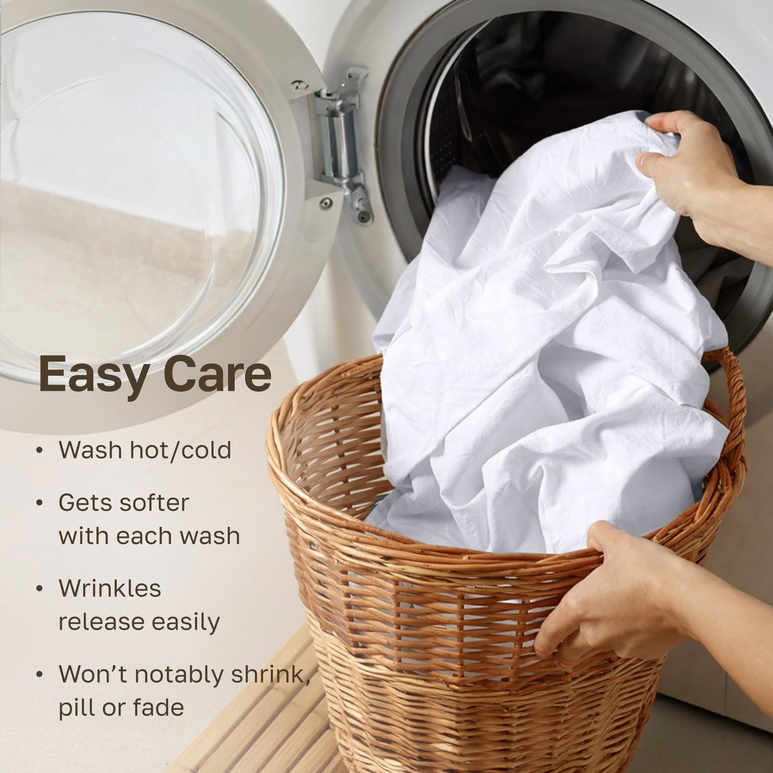 California Design Den care instructions graphic highlights machine wash warm and tumble dry low.