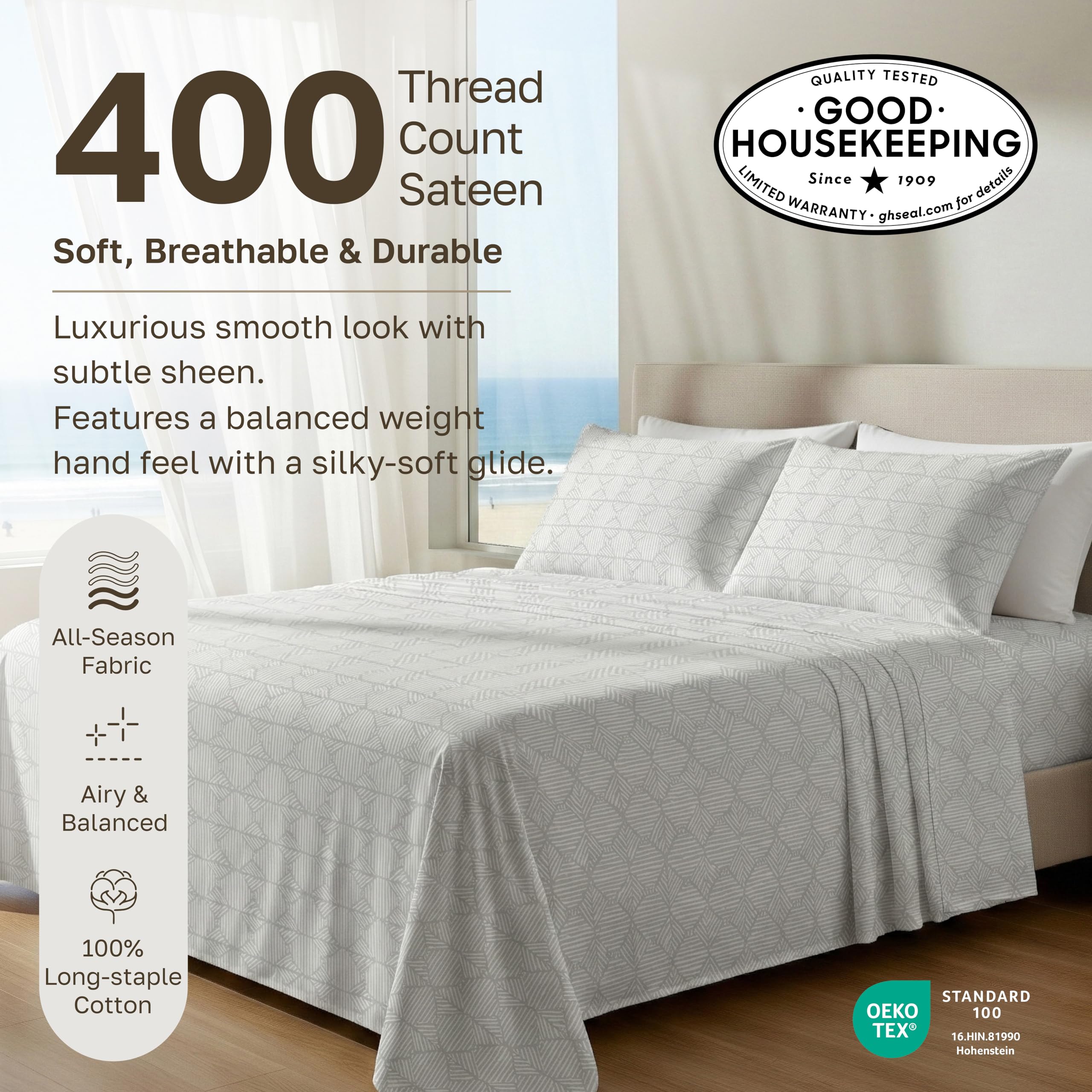 Deep-pocket fitted sheet gripping tall mattresses securely