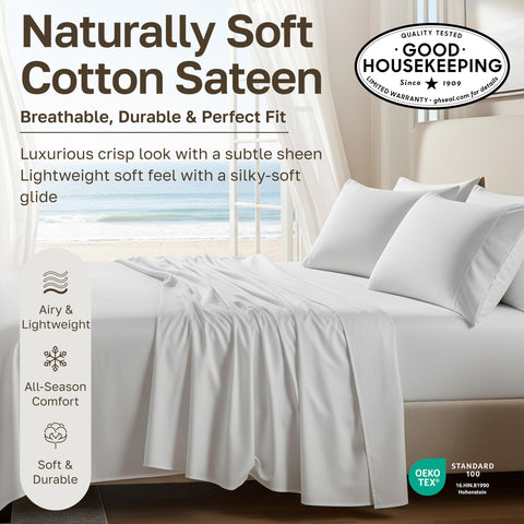 California Design Den deep-pocket fitted sheet securing to a tall mattress