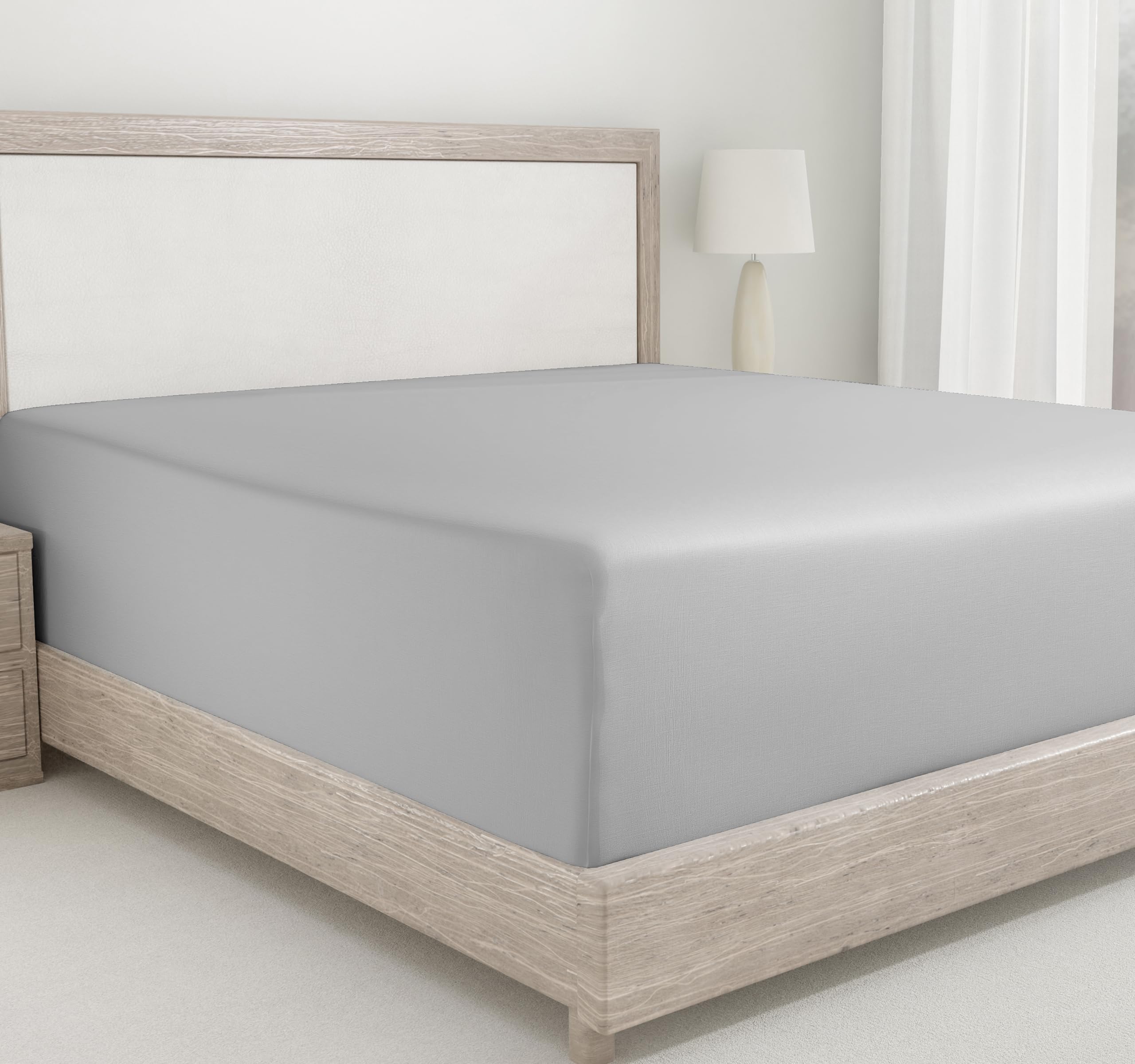 California Design Den deep-pocket queen light grey close-up texture showing silky sateen softness for nightly comfort
