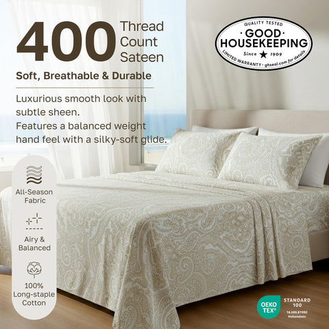 Deep-pocket fitted sheet securely fits mattresses from 8 to 16 inches.