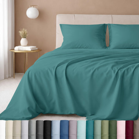 California Design Den teal deep-pocket queen sheet set shows smooth sateen sheen