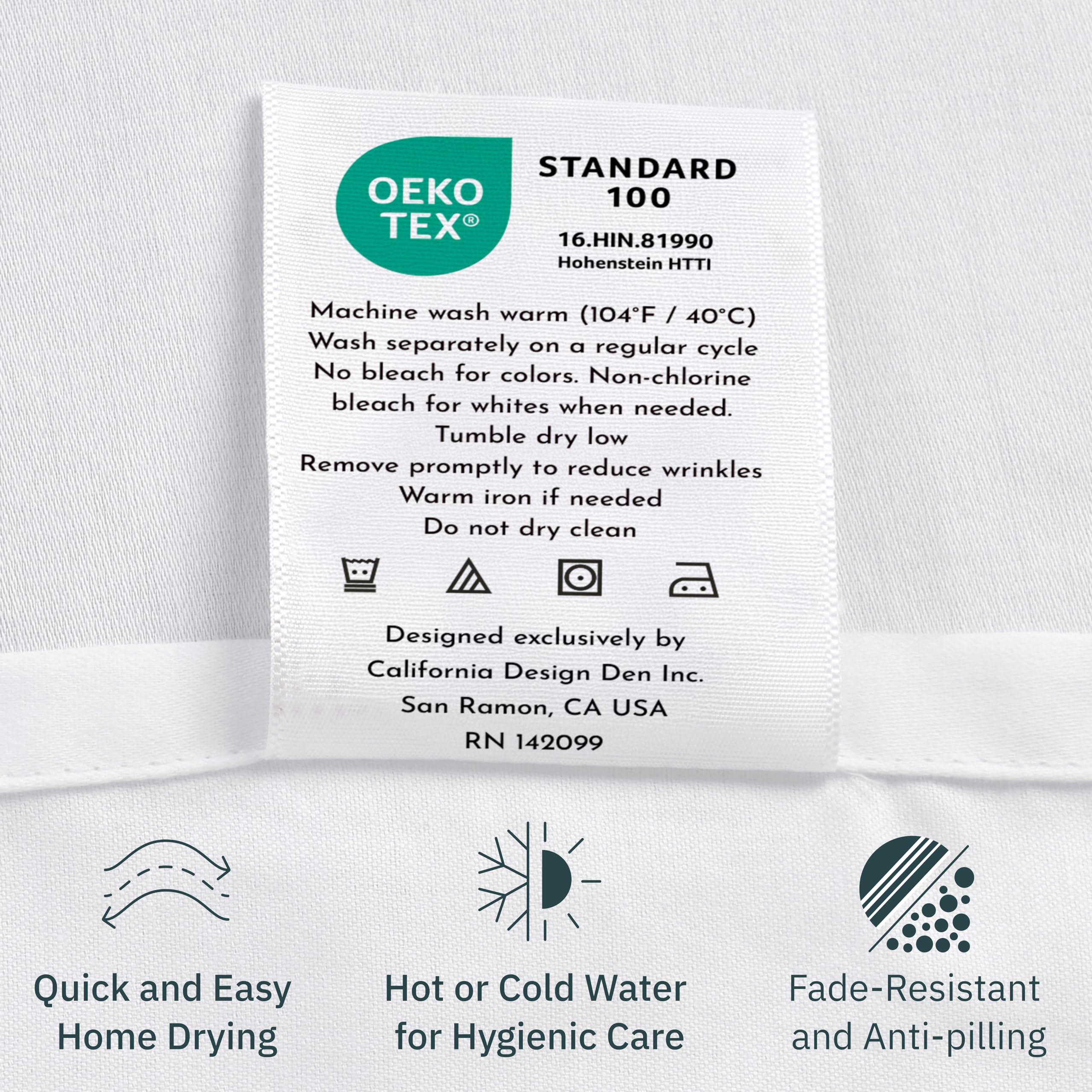 California Design Den easy-care finish image, showing machine washable and durable design.