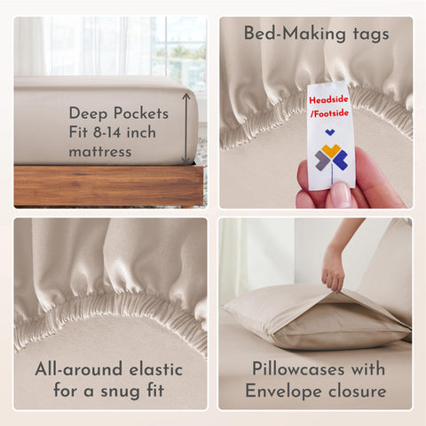 California Design Den fitted sheet with all-around elastic for snug fit.