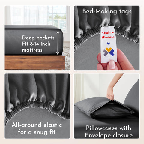 Elastic all‑around fitted sheet edge securing fit on deep mattresses