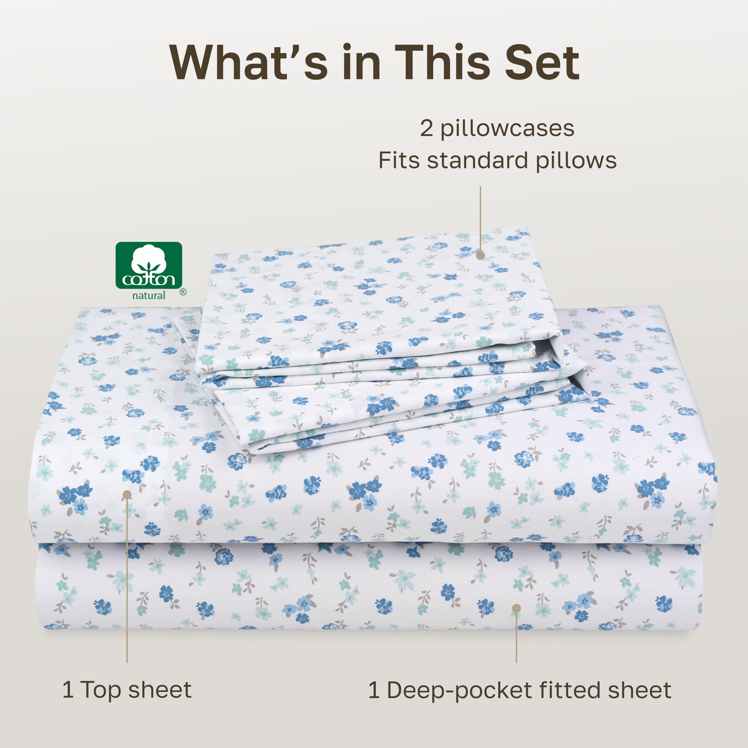California Design Den white and blue floral print sheets add airy bedroom style.