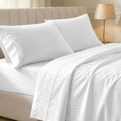 California Design Den full sheet set striped white in silky sateen finish for year-round comfort.