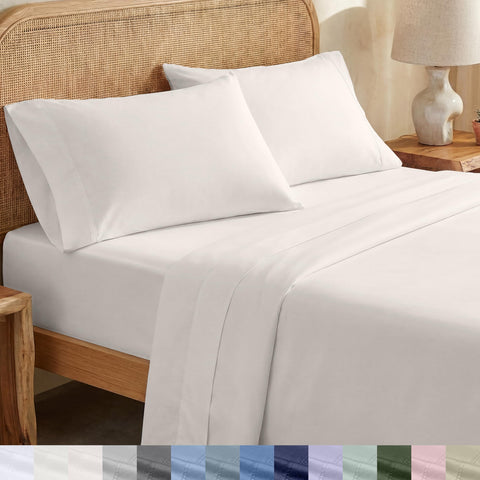 California Design Den ivory sheet set in flat lay showcases crisp percale for breathable comfort.
