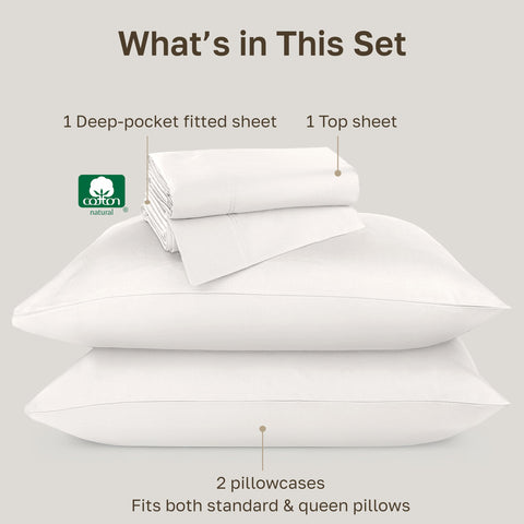 California Design Den flat sheet with double-needle hemstitch adds refined detail.