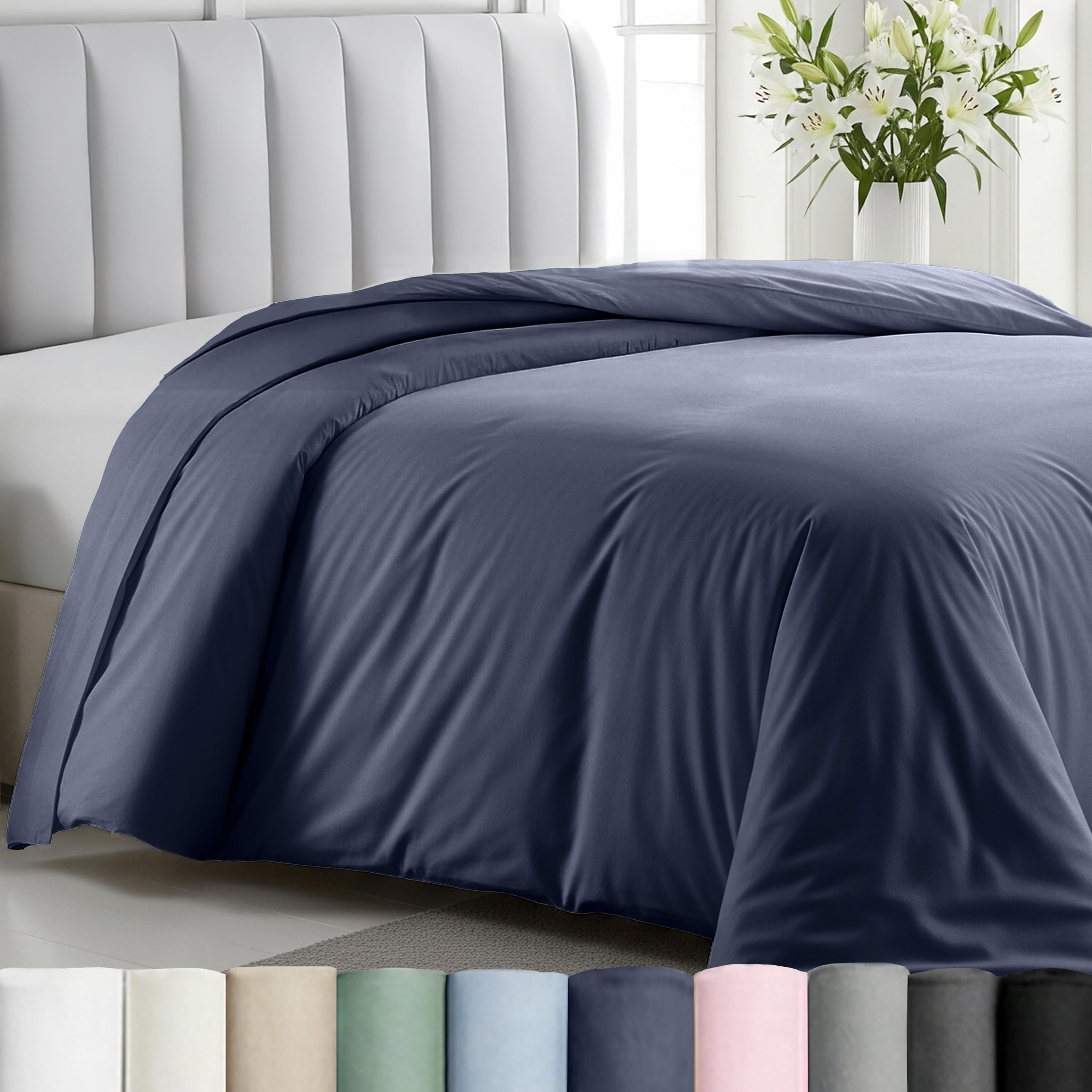 California Design Den indigo dusty blue duvet cover fabric close-up showing soft sateen weave