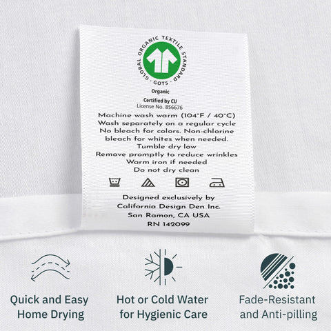 California Design Den ivory label closeup conveys trusted quality and responsible manufacturing.
