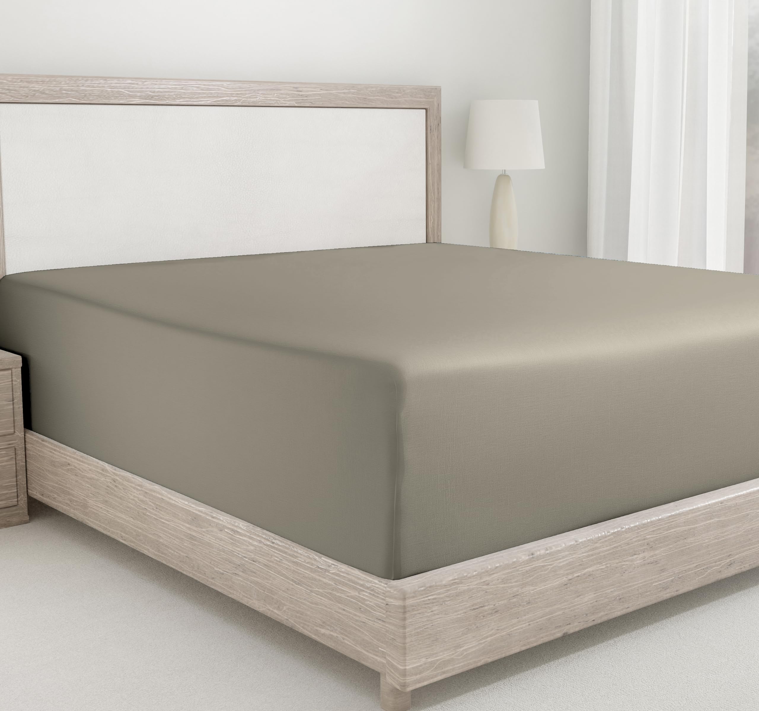 California Design Den king taupe fitted sheet showing warm tone and silky softness.