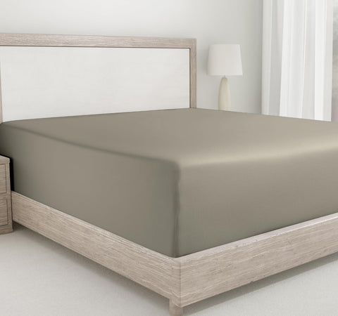 California Design Den king taupe fitted sheet showing warm tone and silky softness.