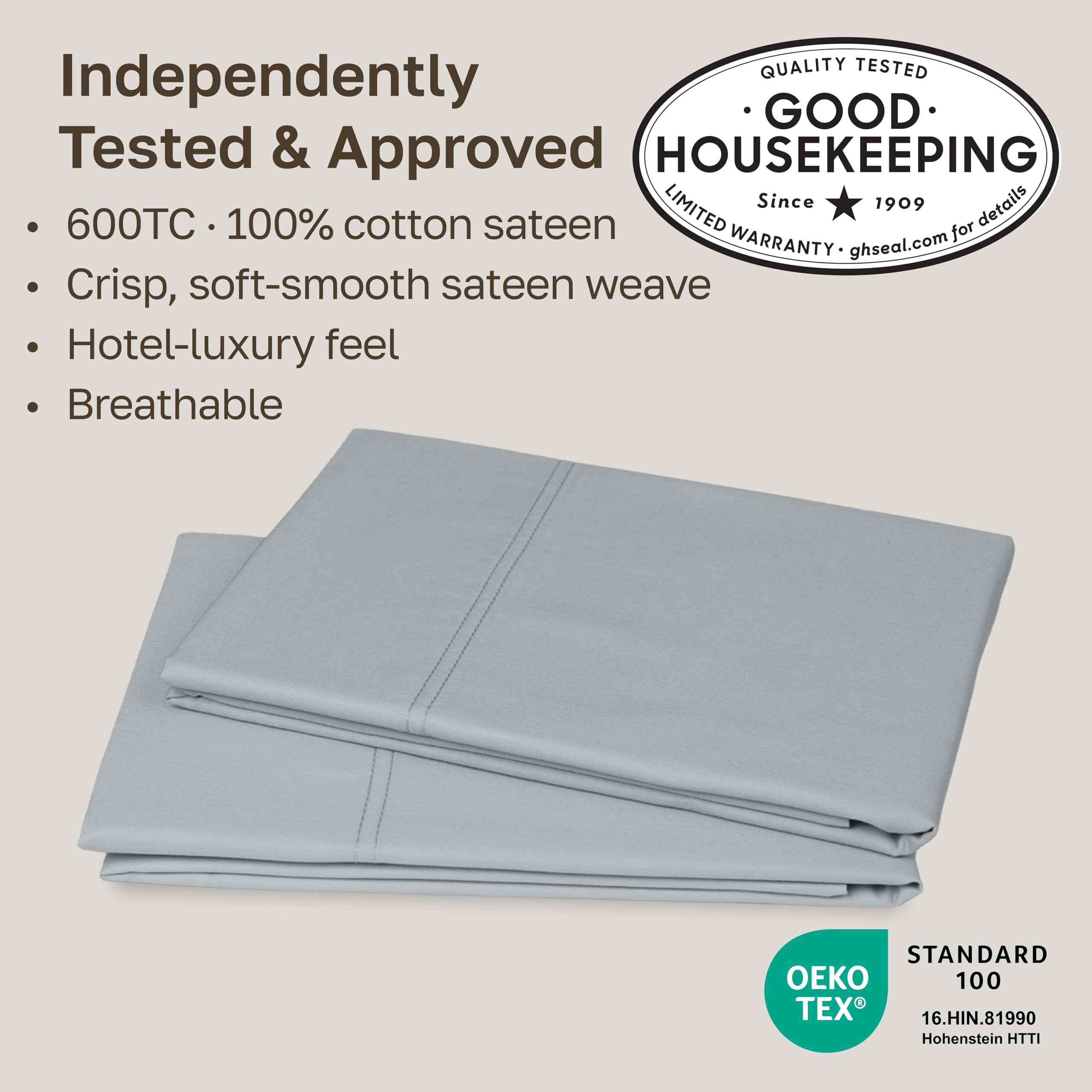 California Design Den light gray fabric detail highlights breathable 600TC cotton