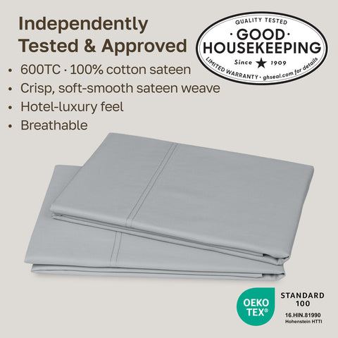 California Design Den light gray fabric detail highlights breathable 600TC cotton