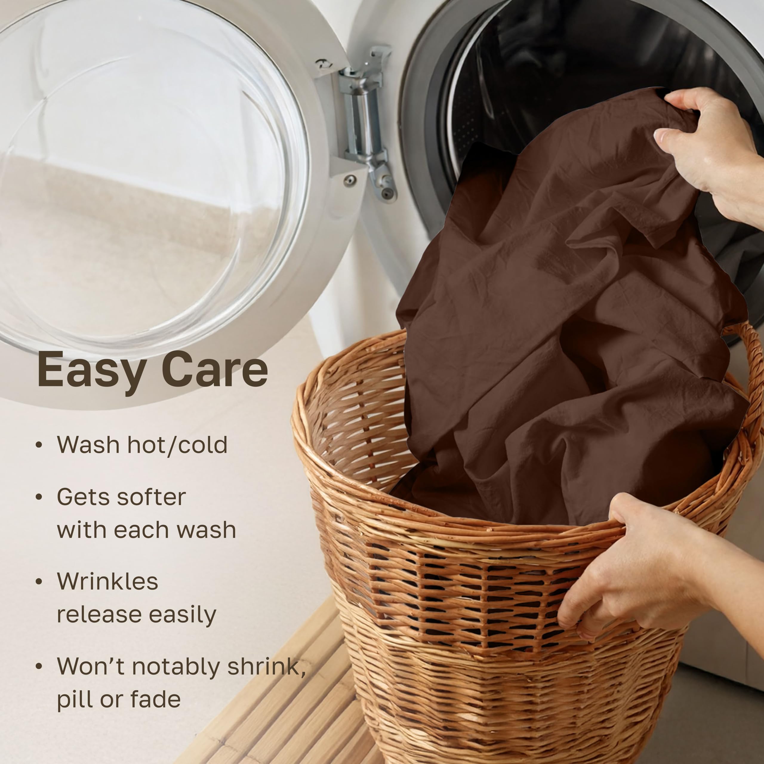 Sheets being machine washed, showcasing easy care and color retention