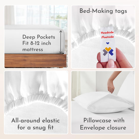 California Design Den dorm-ready bedding on a white bed highlighting breathable cotton.