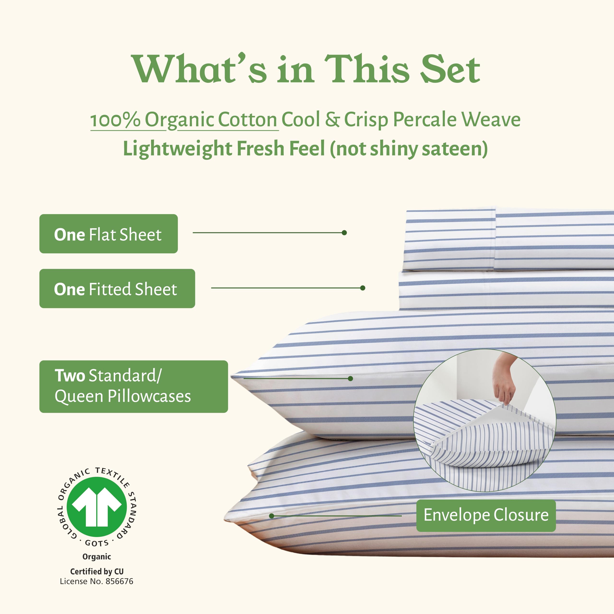 California Design Den organic cotton percale sheet set delivers breathable, softly crisp nights
