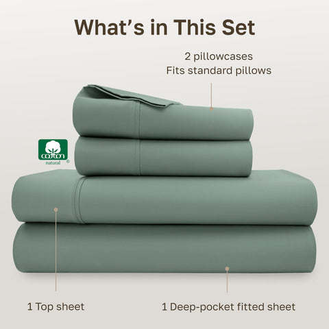 Two standard pillowcases in sage green with neat open-end design