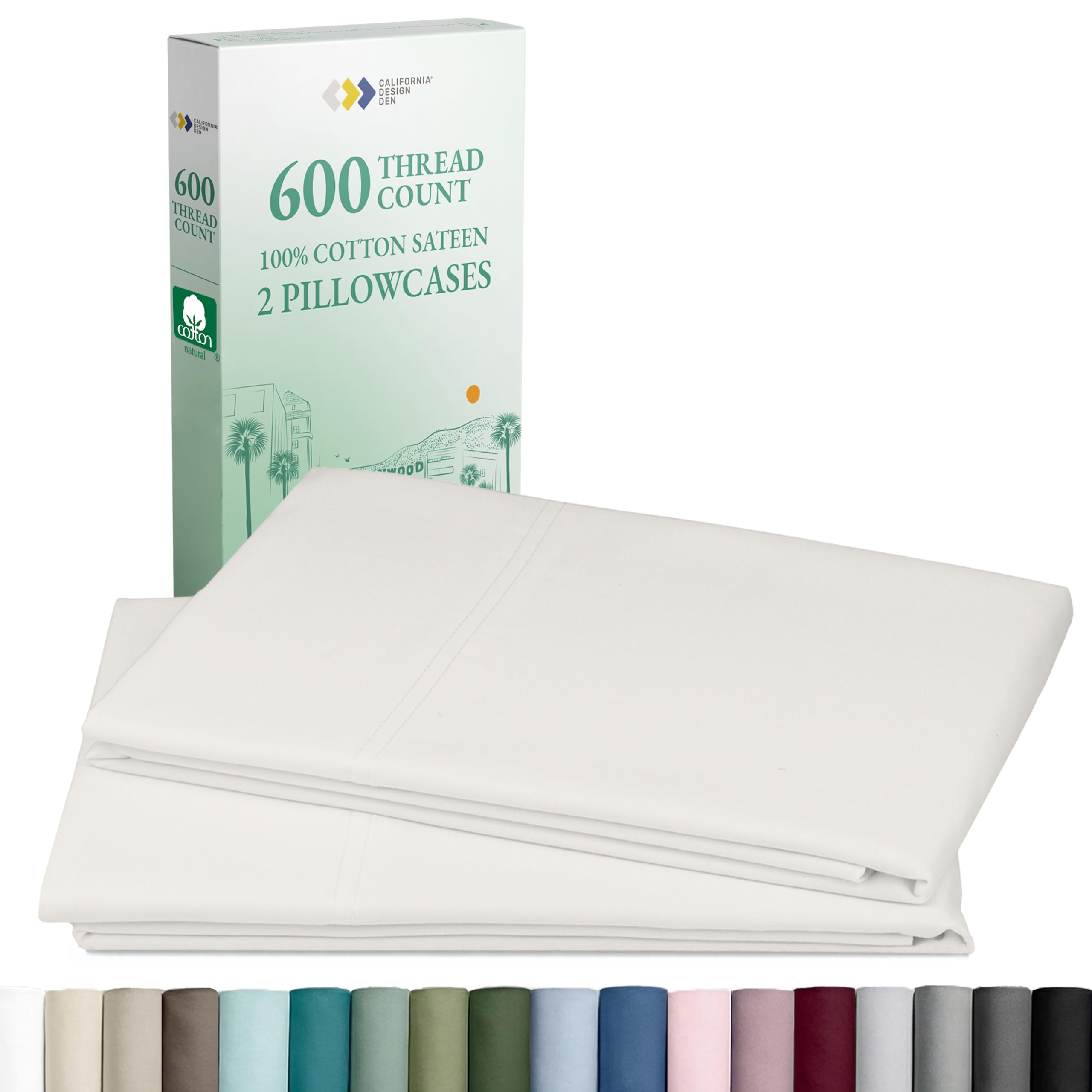 California Design Den pillowcases close-up with crisp sateen finish for a soft, breathable feel.