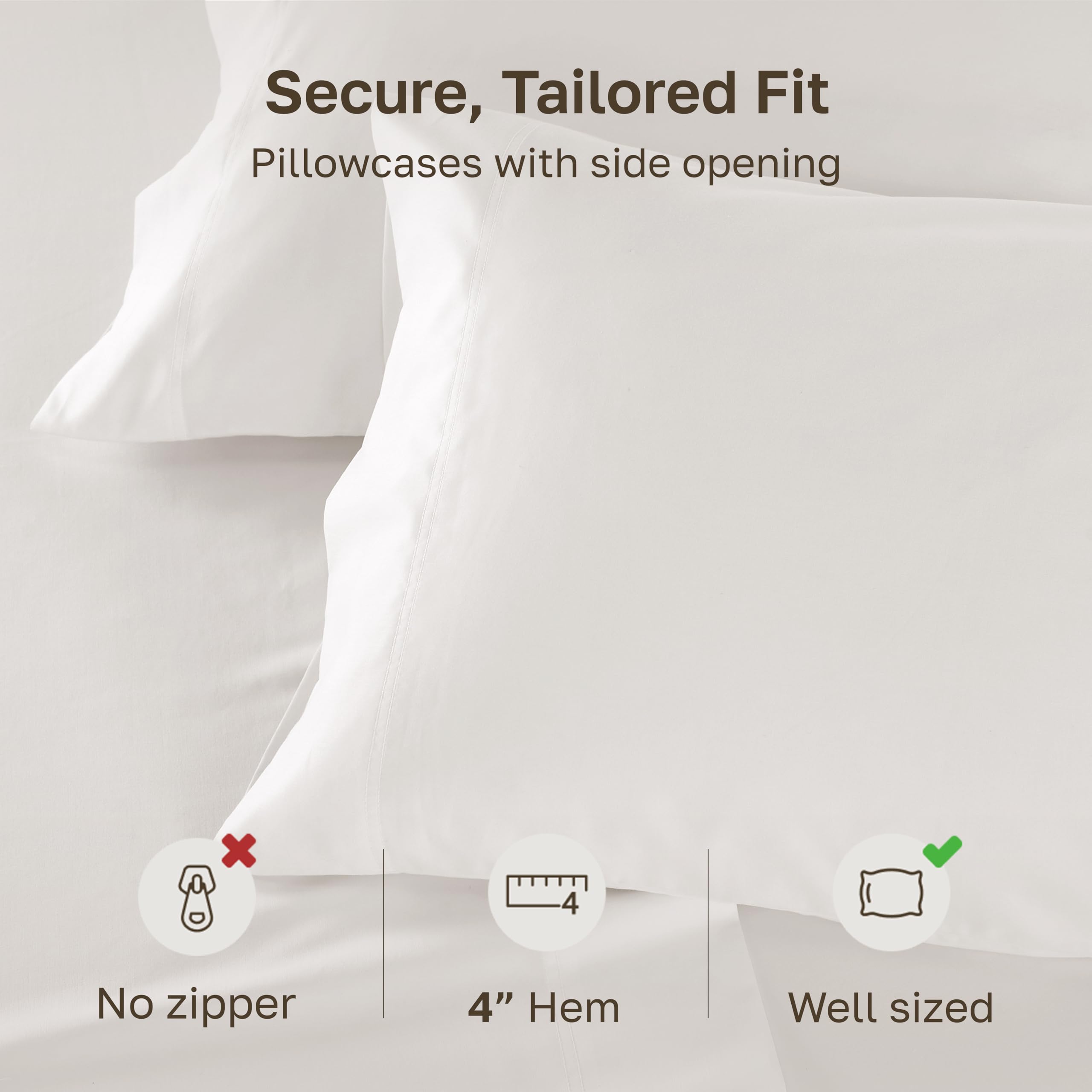 California Design Den pillowcase edges show a 4-inch hem and neat stitching.
