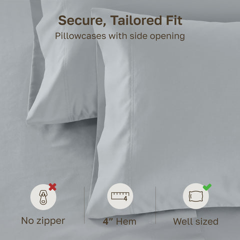 California Design Den pillowcases shown on bed with crisp sateen finish