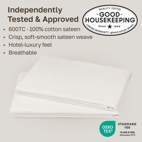 California Design Den true ivory pillowcases showing subtle sheen and polished bedding look.