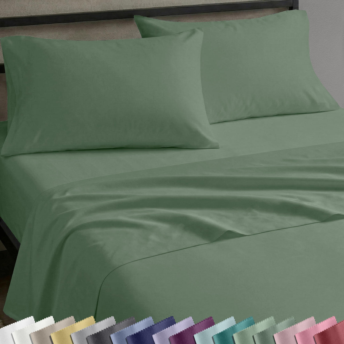 California Design Den pine-green sateen king flat sheet close-up shows soft sheen